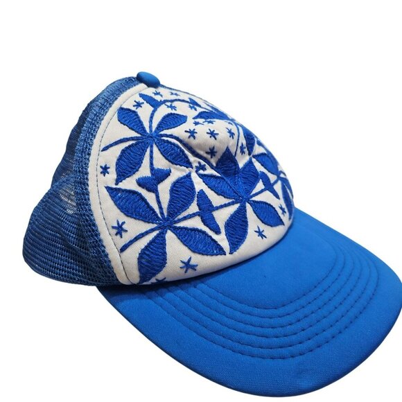 Blue & White Embroidered Trucker Hat With Mesh Back & Adjustable Snap Cl - Picture 1 of 6